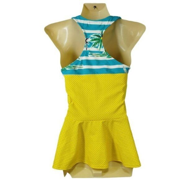 Lime Ricki Swimwear Swim Top Yellow Polka dots Blue Stripes Women's Size M - Picture 2 of 8